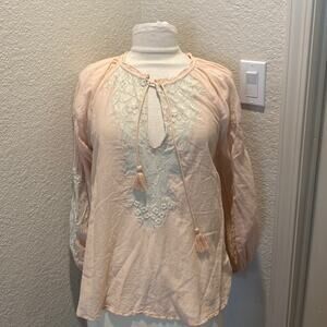 Free People Women’s Lightweight Tunic Top Split V-neck w/ Tie Front Tassel Sz XS